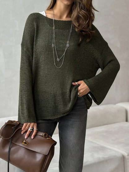 Bornladies Simple Solid Color Long Sleeved Sweater Women's Spring Knitted Hollow Top Loose Versatile Casual Sweater Pullovers