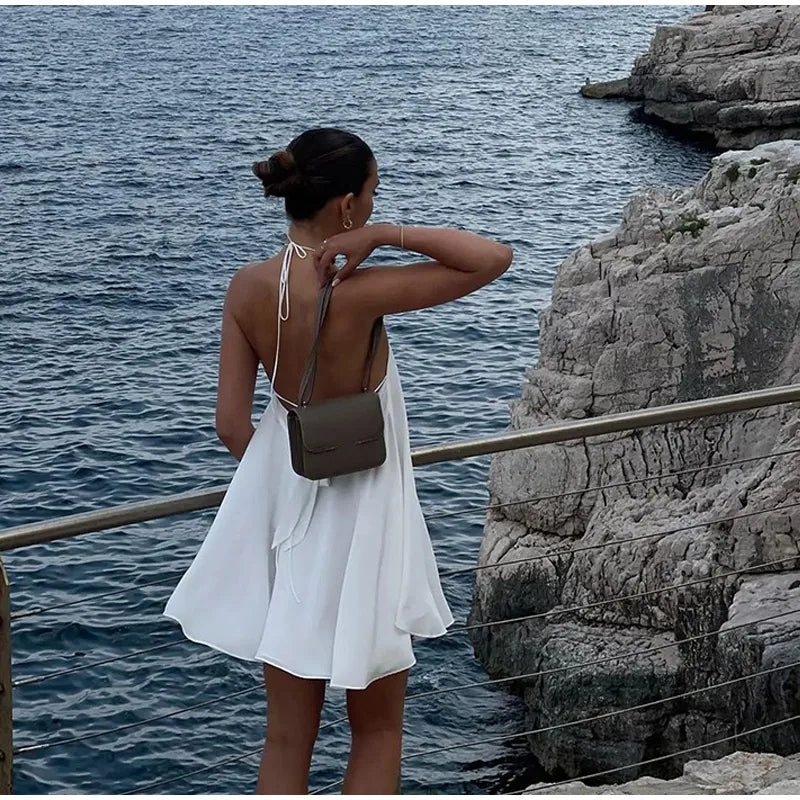 Sexy White Halter Backless Short Dresses Back Lace Up Tie-Waist Sexy Summer Beach Party High-Street Mini Dress Vestido For Woman