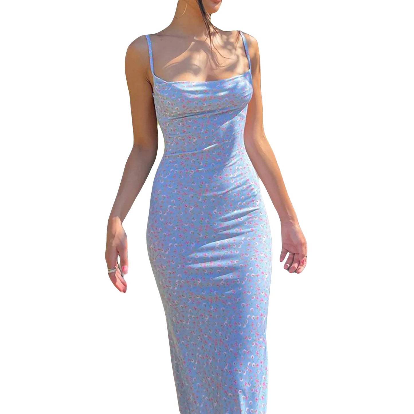 New Fashion Women´s Sexy Dress, Spaghetti Strap Sleeveless Backless Slim Fit Floral Printed Long Dresses