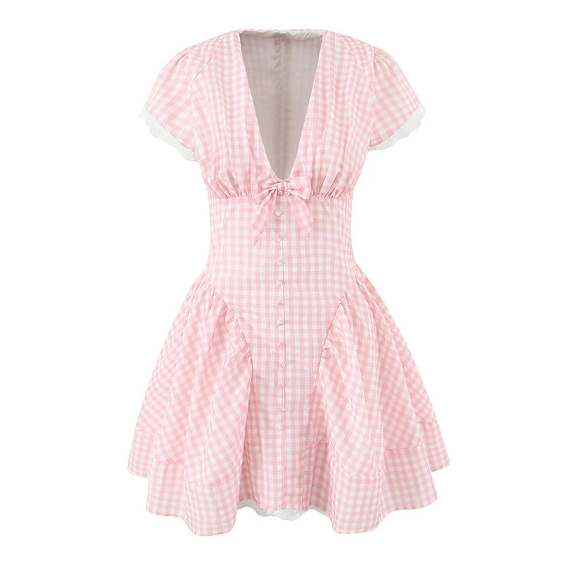 YENKYE Sweet Cute White Mini Dress For Pretty Girl Elegant A-line Bow V Neck Summer Dresses Party Robe Vacation Vestidos 2025