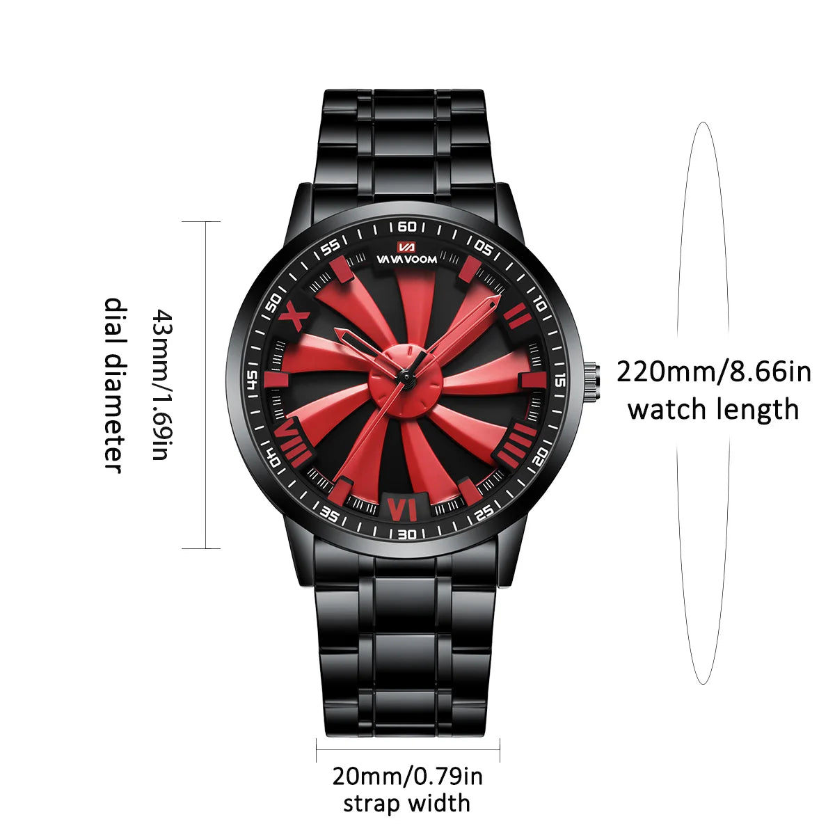Sports Men Watch 43mm Red Rotating Dial Black Stainless Steel With Quartz Clock Simulation Car Hub 3Bar Daily Waterproof Watches
