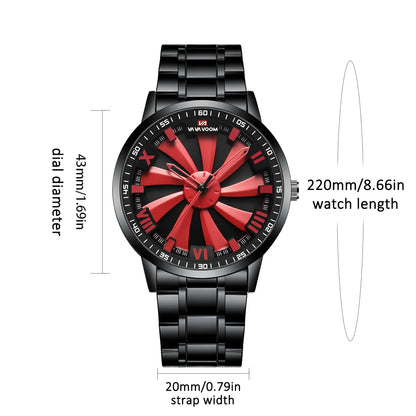 Sports Men Watch 43mm Red Rotating Dial Black Stainless Steel With Quartz Clock Simulation Car Hub 3Bar Daily Waterproof Watches