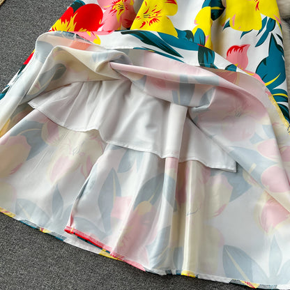 French Elegant Floral Dress Women Retro Round Neck Sleeveless Print Party Dresses Summer Slim A-line Vintage Long Robe Vestidos
