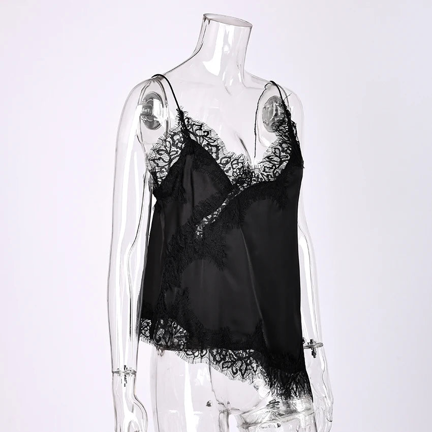 Linad Sexy Black Backless Lace Camisole Women Street Chic Spaghetti Strap Tops Female Casual Patchwork Silk Vest Female 2025