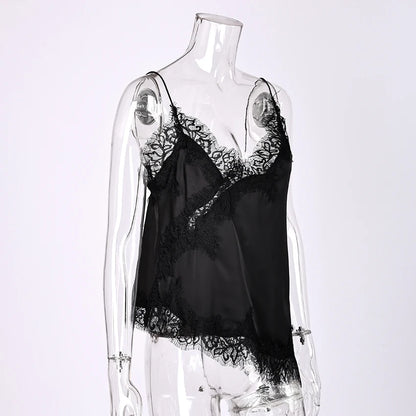 Linad Sexy Black Backless Lace Camisole Women Street Chic Spaghetti Strap Tops Female Casual Patchwork Silk Vest Female 2025