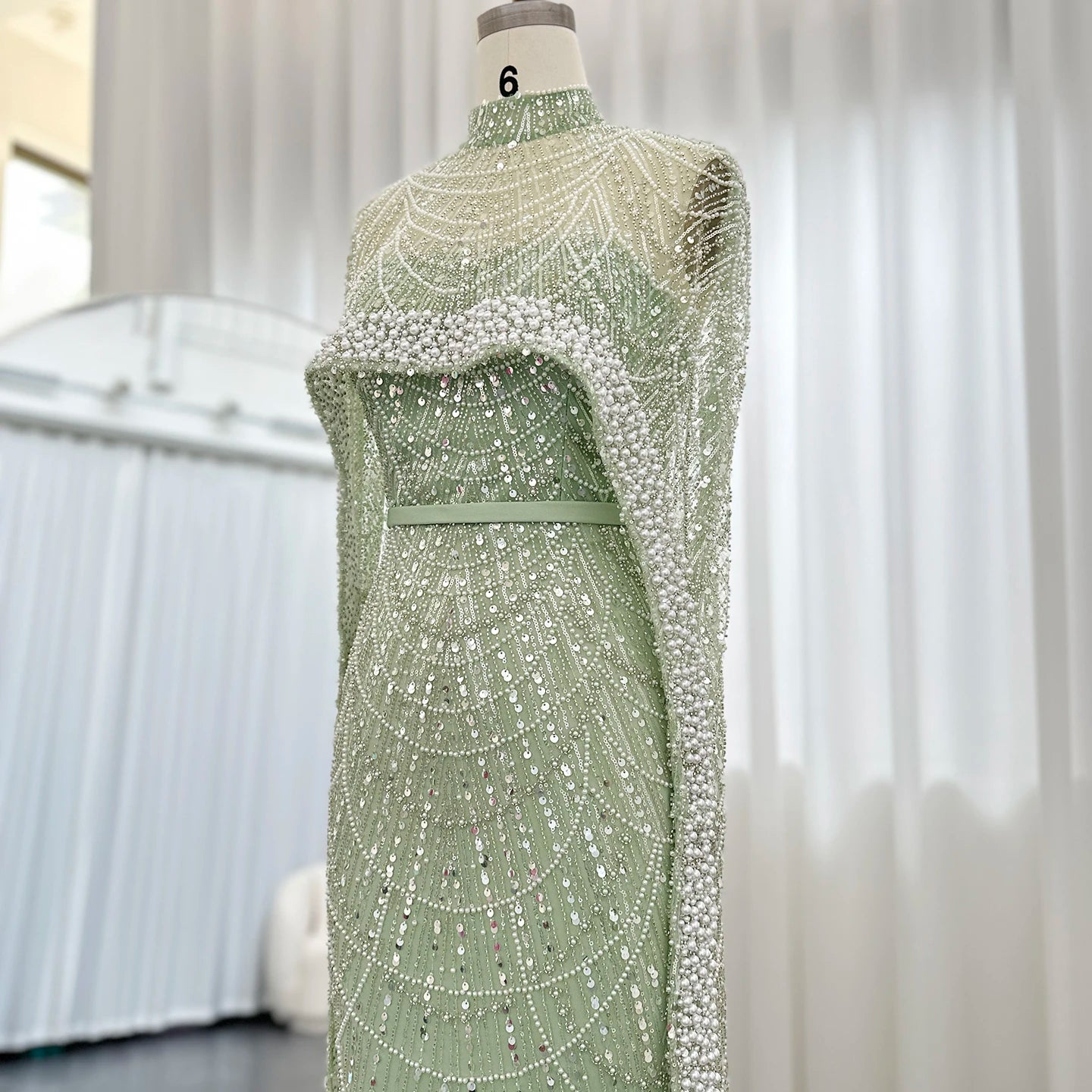 Sharon Said Luxury Pearls Dubai Champagne Evening Dresses with Cape New Arabic Women Mermaid Wedding Party Prom Dress SS369