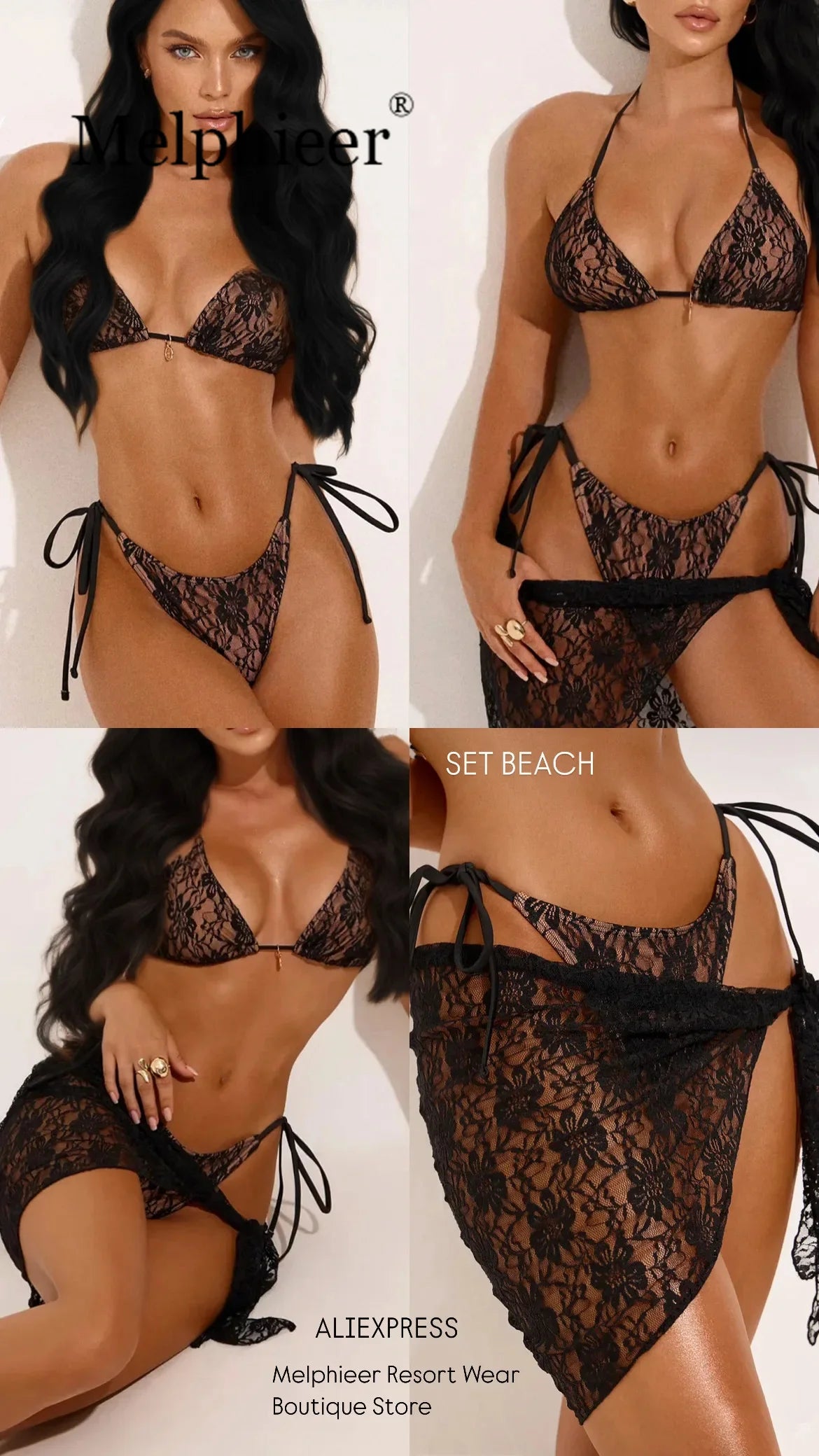 Lace Fabric Three-pieces Swimsuit Set With Sarong Bikini Inspired Women's Swimwear Beachwear Bathing Suit Vacay Outfit Biquini