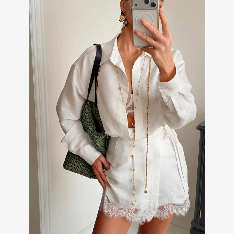 Solid Lapel Lace Patchwork Half Sleeve Shorts Set Women Chic Single Breasted Tops Pockets Pants Suits 2026 Daily Street Outfits