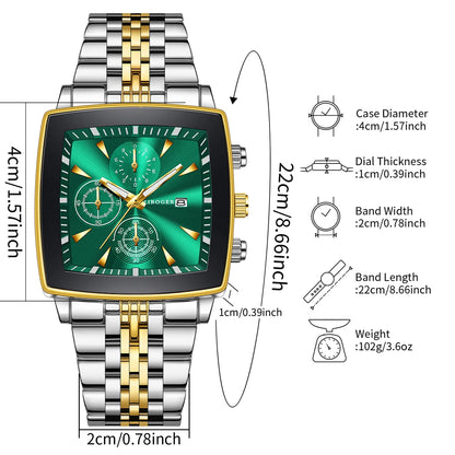 Luxury Stainless Steel Man Calendar Business Watches Fashion Square Dial Men Quartz Wristwatch Reloj Hombre (Without Box)