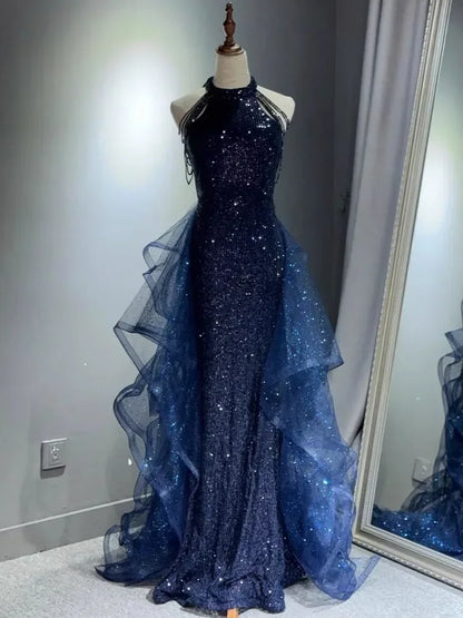 Elegant Sparking Navy Blue Evening Dresses Halt Beading Party Gown Customized Prom Dress 2025