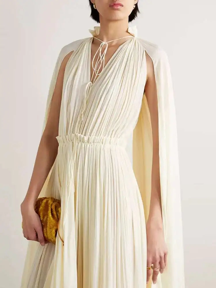 IEQJ Elegant Big Swing Irregular Ruffles Party Maxi Dresses For Women Cloak Sleeves Spliced Lace Up Pleated Dress 2025 New