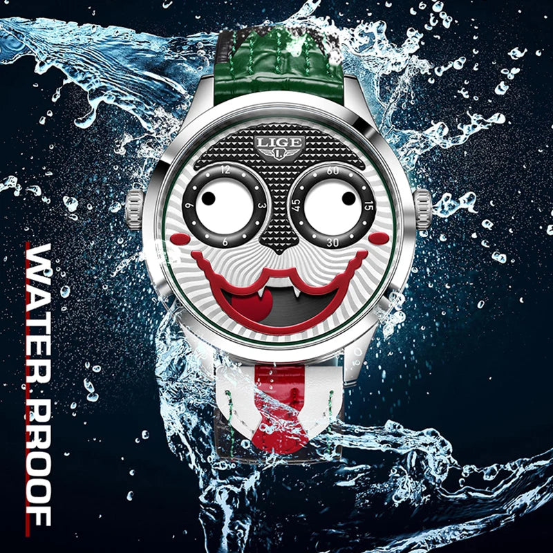 LIGE 2025 Creative Watches For Men Clown Fashion Quartz Wristwatches Waterproof Leather Strap Mens Watch Cool Joker Reloj Hombre