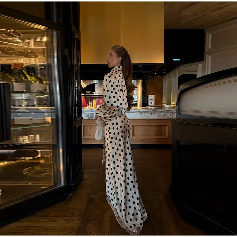 Satin Polka Dots V Neck Maxi Dress Suit Women Elegant Ribbon Full Sleeve Blouse Waist Cinching Long Skirt 2026 Lady Party Outfit