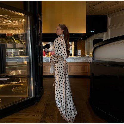 Satin Polka Dots V Neck Maxi Dress Suit Women Elegant Ribbon Full Sleeve Blouse Waist Cinching Long Skirt 2026 Lady Party Outfit