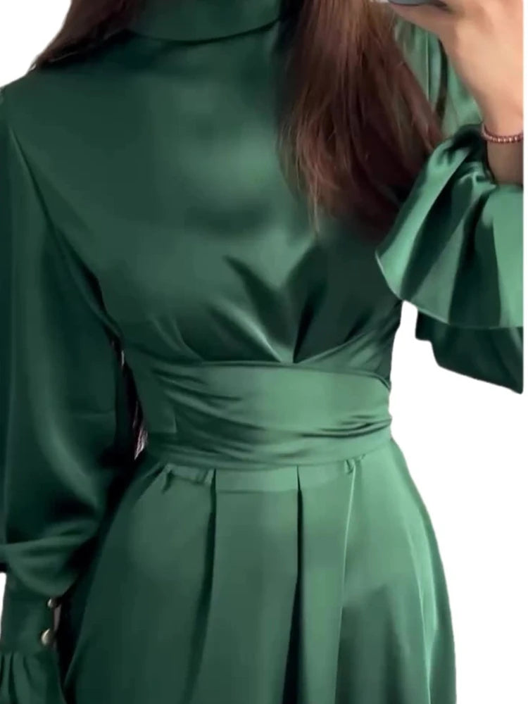 Eid Satin Muslim Dress for Women Abaya Party Dresses Ramadan Lace-up Islam Flare Sleeve Vestidos Largo Dubai Arab Long Robe 2024