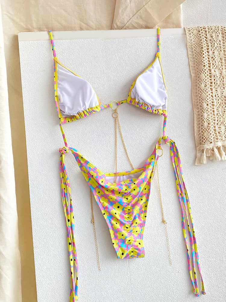 ZRTAK Micro Thongs Swimsuit Women Sexy Bikinis Bathing Suit Rings Biquini Bandage Beachwear Print Swimwear Sexy Bikini Sets