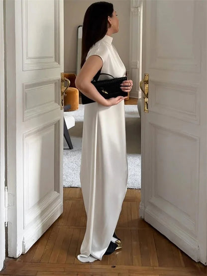 Tossy Casual Sleeveless Satin Maxi Dress Female Turtleneck Patchwork Slim Fashion Solid Commute Dress For Women Long Dress 2025