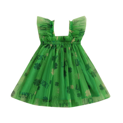MISOWMNJOY Summer Baby Girls Chiffon Dresses Princess Sleeveless Clover Strawberry Print A-line Dress Mesh Tulle Kids Sundress