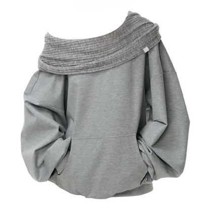 Knit Patchwork Sweatshirt Women Loose Casual Long Sleeve Sporty Top Spring Fall Chic Lazy Off Shoulder Harajuku Y2K Coat