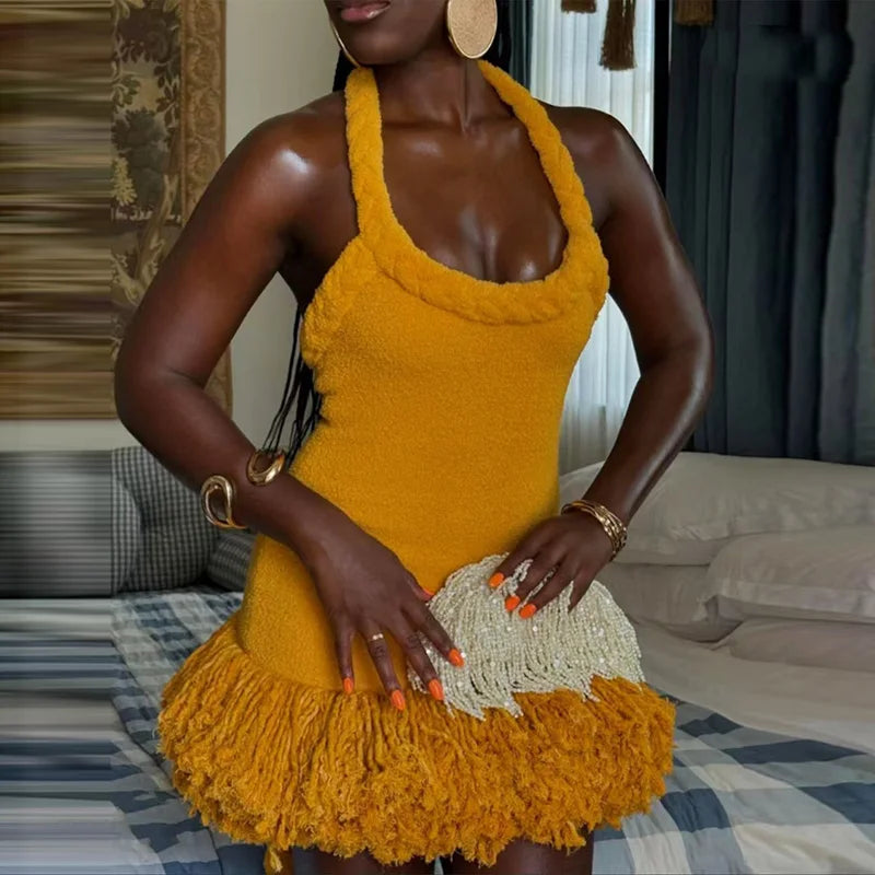 Tassels Hem Twist Strap Knitted Dress Women Sleeveless Backless Slim High Waist Dresses Female Holiday Evening Bodycon Robe