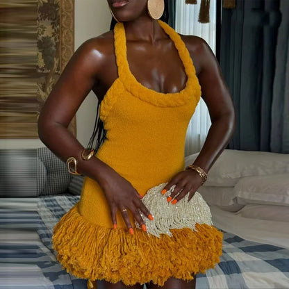 Tassels Hem Twist Strap Knitted Dress Women Sleeveless Backless Slim High Waist Dresses Female Holiday Evening Bodycon Robe