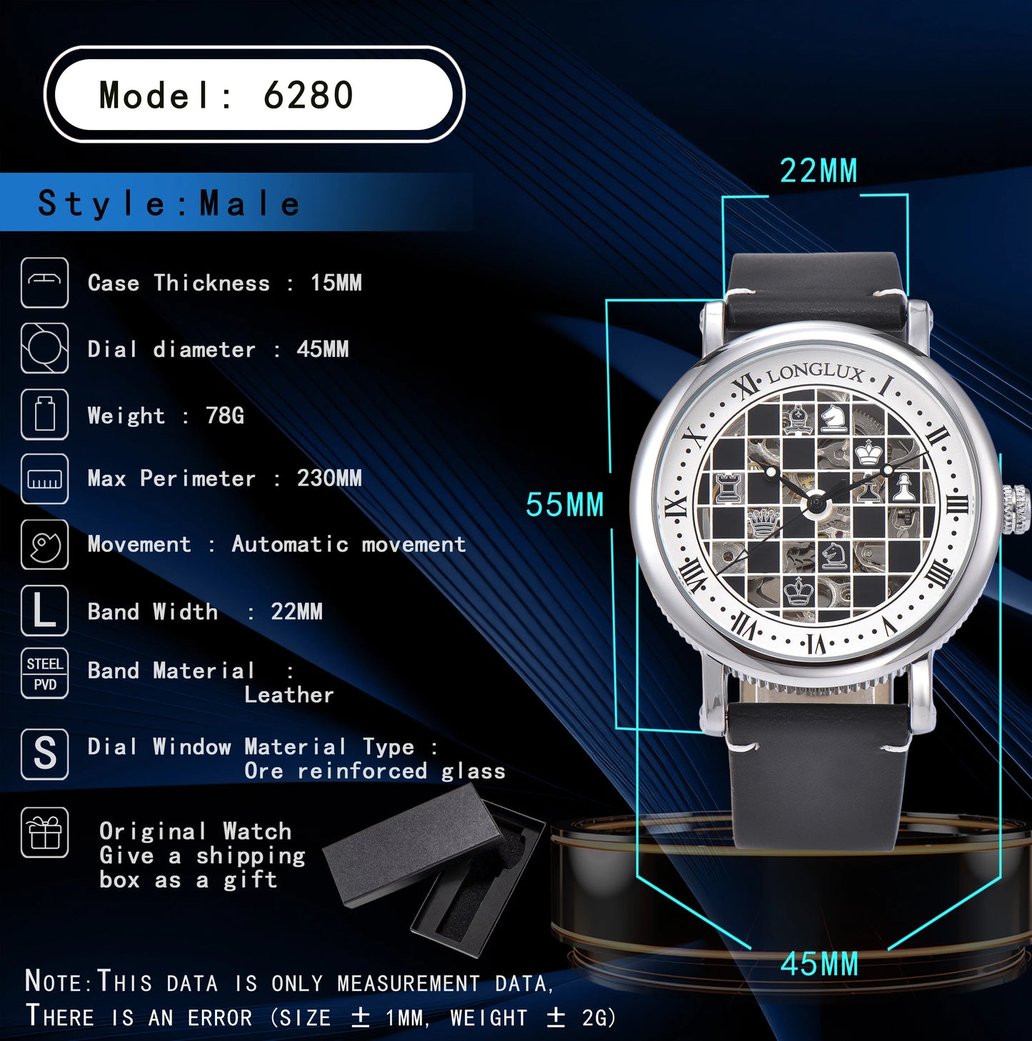 Men automatic watch chess checjerboard mechanical watches waterproof vintage business luminous skeleton leather gift for you