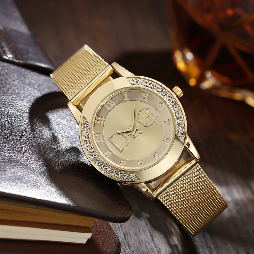 Fashion  Starry Sky Diamond encrusted Women's Watch Casual Stainless Steel Gold Mesh Strap Women's Dress Watches
