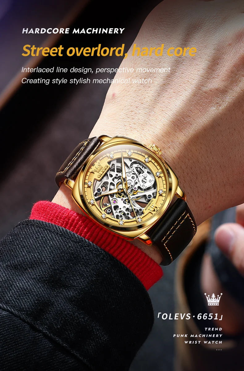 OLEVS 6651 Transparent Hollow Automatic Watches for Men Leather Strap Tonneau PUNK Style Mechanical Writwatch Luxury Man Watch
