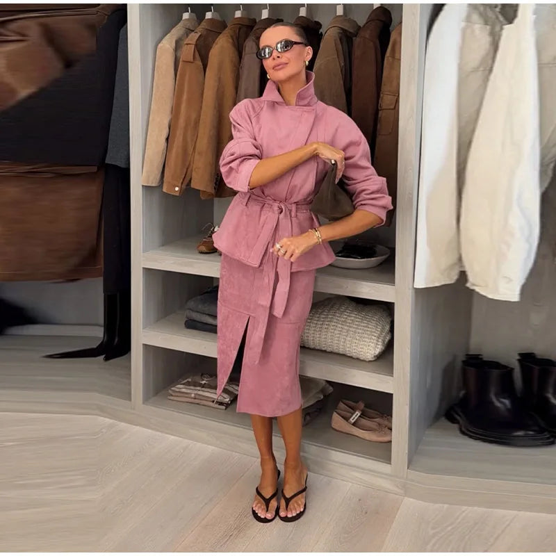 Women's Faux Suede Cropped Trench Coat Jacket Belted Notched Lapel Lace-up Retro Chic Outerwear Spring New High Street Outfit