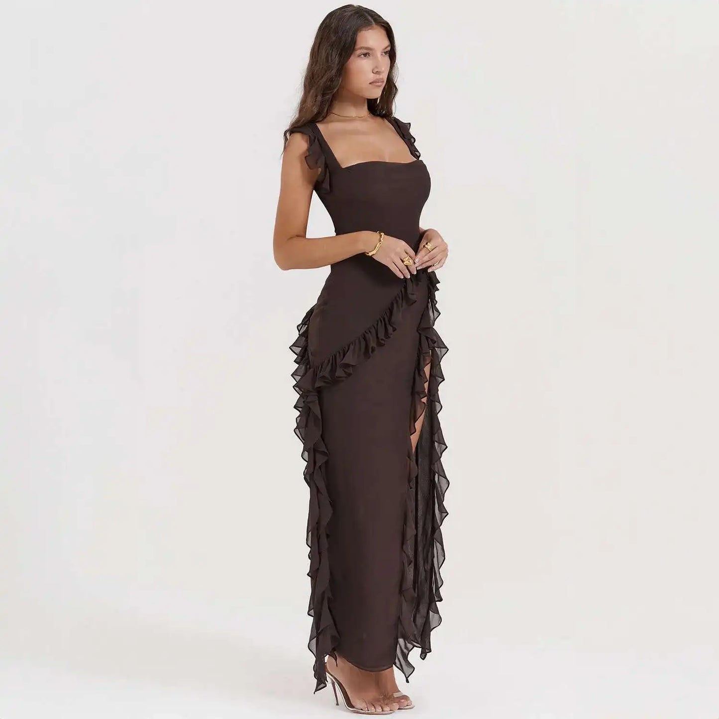 Giyu Sexy Ruffles Summer Dress 2025 Women Clothing Elegant Holiday Club Evening Party Dresses Slash Neck Split Bodycon Long Robe