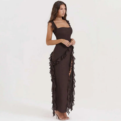 Giyu Sexy Ruffles Summer Dress 2025 Women Clothing Elegant Holiday Club Evening Party Dresses Slash Neck Split Bodycon Long Robe