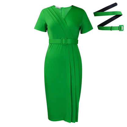 Summer New 2026 Women's Solid Color V-Neck Short Sleeve Dress Pencil Skirt Waist Tunle Material Fashionable Casual Maxi Dress
