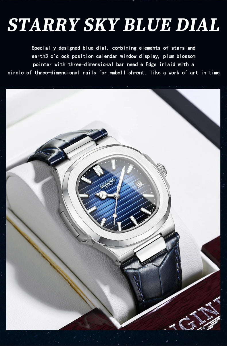BINBOND precise quartz wristwatches for men luxury luminous waterproof auto date leather strap durabble men's watch casual reloj
