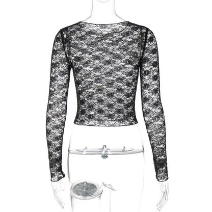 Mooyufon Long Sleeves See Through Lace Crop Top Solid Sexy Bodycon T-Shirt For Women Party Club Autumn Winter Clothes