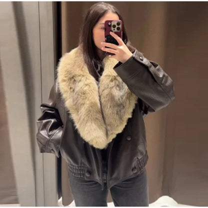 Brown Faux Fur Collar Leather Jacket Women Oversize Design Long Sleeve Coat 2025 Fashion Luxurious Versatile Bomber Outerwear