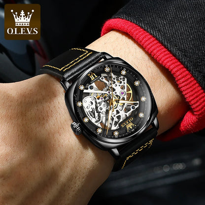 OLEVS 6651 Transparent Hollow Automatic Watches for Men Leather Strap Tonneau PUNK Style Mechanical Writwatch Luxury Man Watch