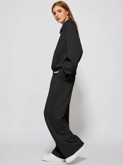 Woman Solid Color Half Zip Long Sleeve Sweatshirt and Wide Leg Pants Set Casual Sporty Two Piece Outfit