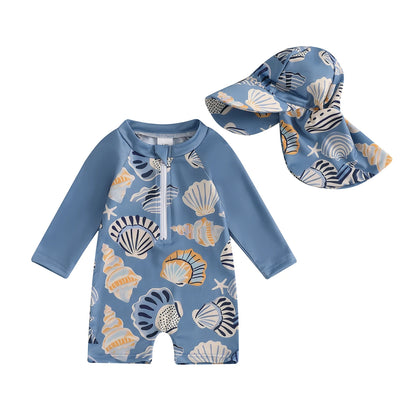 Toddler Girls Boys Beach Wear Kids Swimwear Summer Long Sleeve Floral/Tropical Print Zip Up Bathing Suits with Hat For Swimsuit
