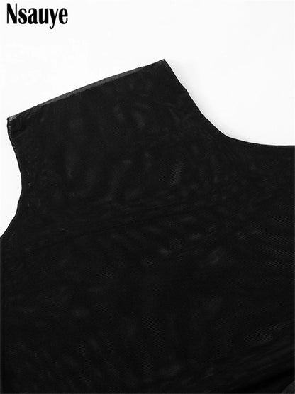 Nsauye Pullover Sexy Women Mesh Turtleneck Long Sleeve Satin Cut Out Dress Bodycon Short Club Evening Fashion Party Dress 2024