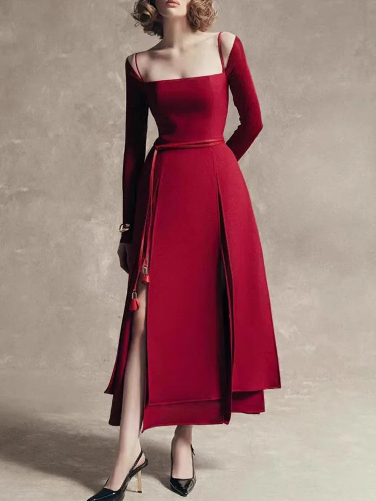 QMQA Fashion Women's Elegant Dresses Off The Shoulder Long Sleeve Split Asymmetric Hem Thin Middle Low Waist Dress New 1A200