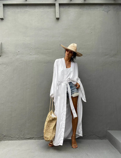 Solid Beach Cover Up Women Self Belted Wrap Kimono Dress Swimsuit 2025 New Robe Summer Beachwear Factory Supply
