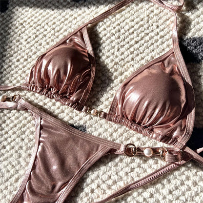 New PU Faux Leather Halter Mini Thong Bikini Female Swimsuit Women Swimwear Two-pieces Bikini set Bather Bathing Suit Swim V5206