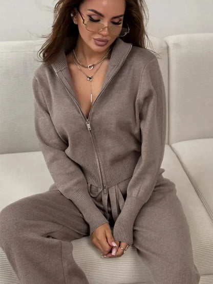 Blubelle Women's New Autumn Winter Zip Up Knit Set Trendy Slim Fit Cardigan Pants Chic Commuting Sweater Outfit