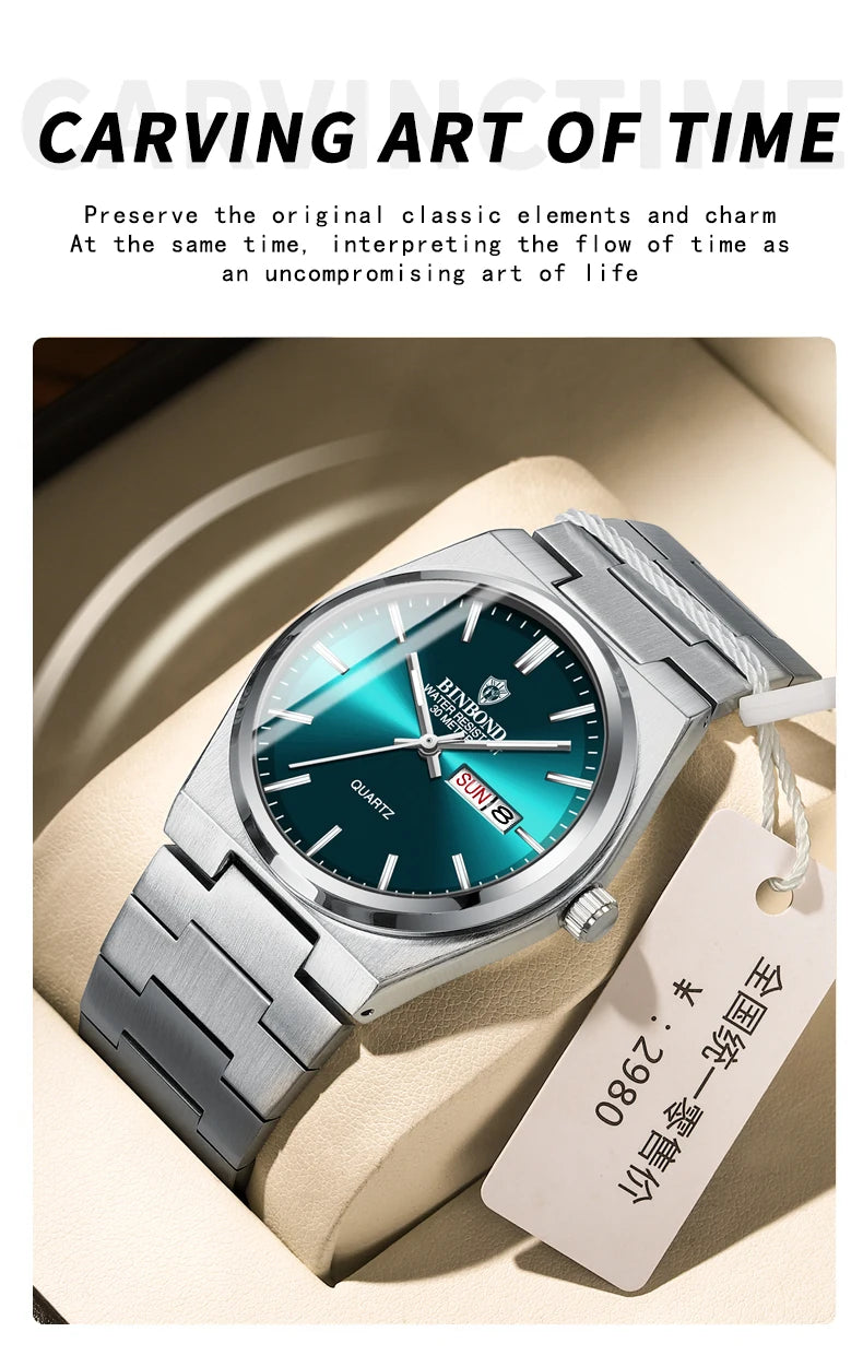 BINBOND Fashion B102 Men Business Watch Leisure Quartz Stainless Steel Buckle Watches Waterproof Luminous Calendar Men's Watches