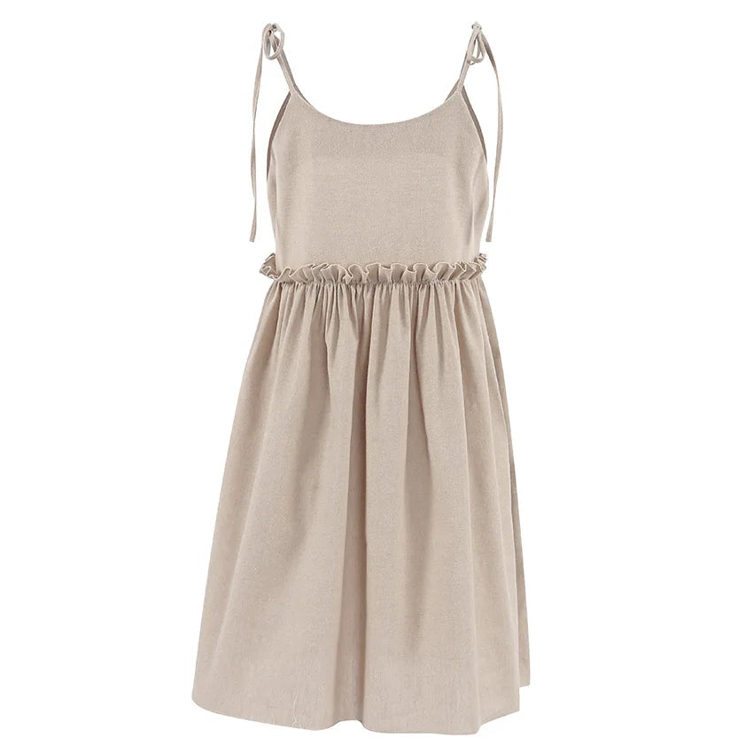 Solid Color Leace-up Spaghetti Strap Dresses Women Fashion Folds A-line Mini Dress Temperament Lady Commuting Short Vestidos New