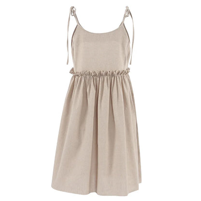 Solid Color Leace-up Spaghetti Strap Dresses Women Fashion Folds A-line Mini Dress Temperament Lady Commuting Short Vestidos New