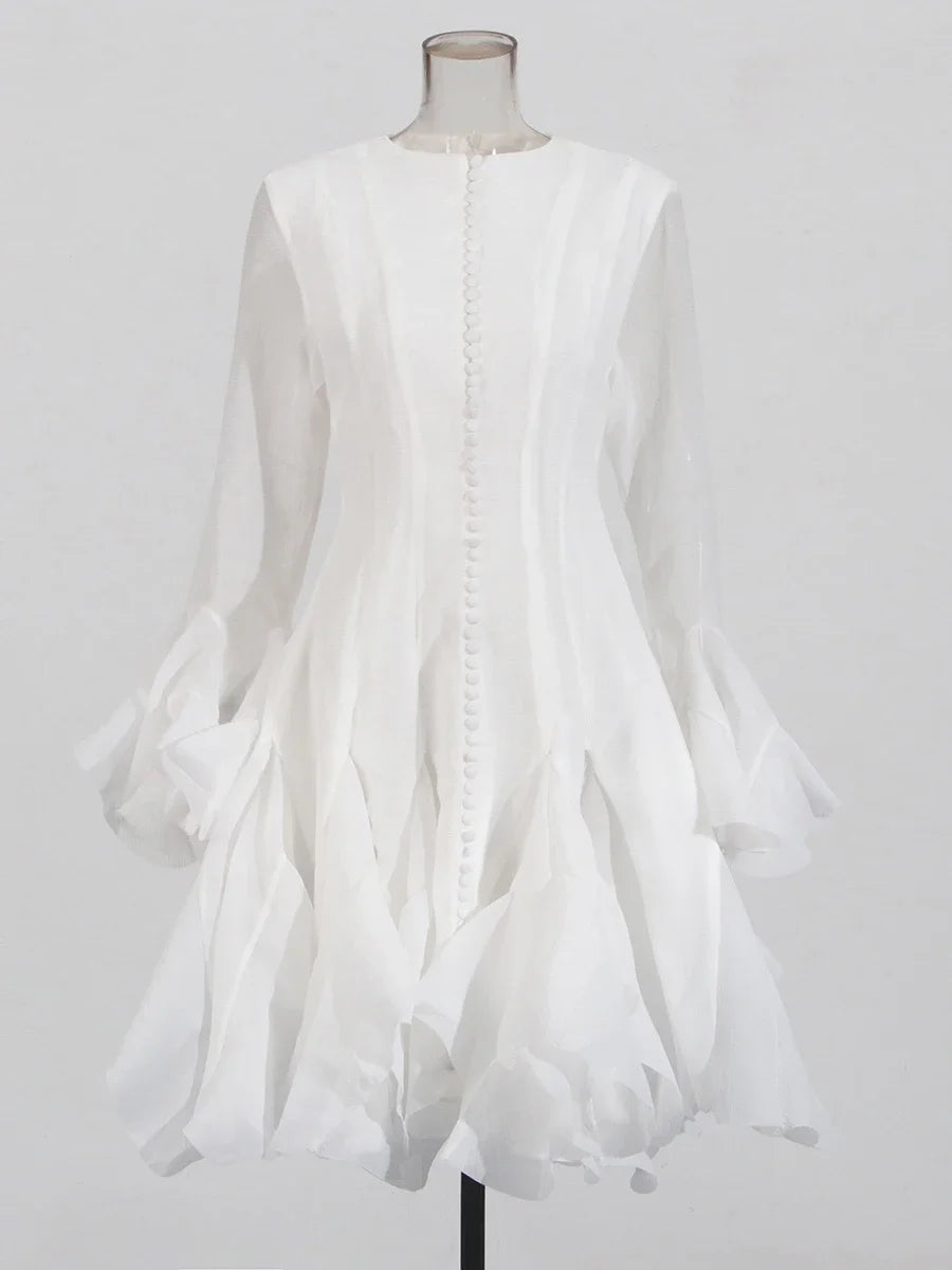 VGH Sweet Ruffles Elegant Knee Length Dresses for Women Round Neck Flare Sleeve High Waist Spliced Button  A Line Dress Female