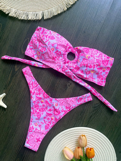 Sexy Colorful Floral Printed Bandeau Bikini Female Swimsuit Women Swimwear Two-pieces Bikini set Bather Bathing Suit Swim Lady
