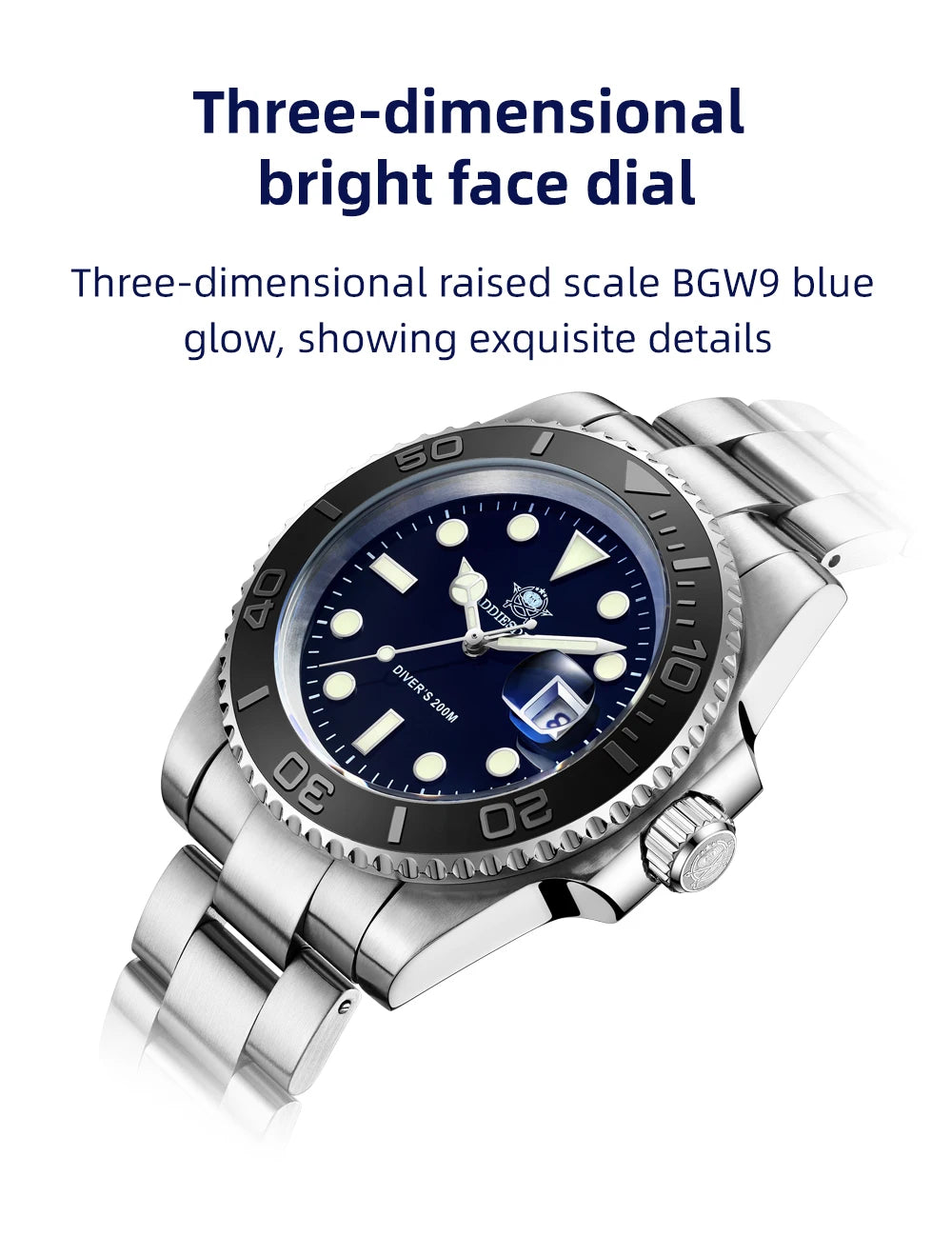 ADDIESDIVE New Luxury Men's Watch Stainless Steel BGW9 Super Luminous Quartz Men's Watch Diver 200m Men Analog Watches MY-H3C