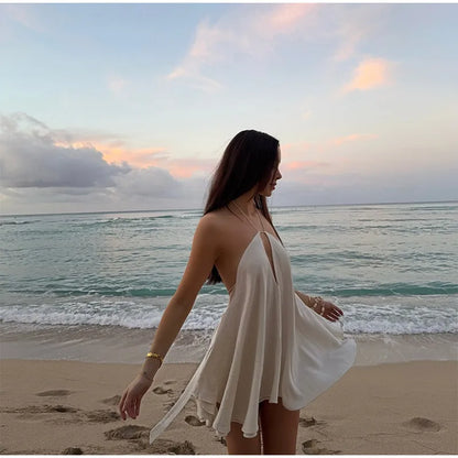 Sexy White Halter Backless Short Dresses Back Lace Up Tie-Waist Sexy Summer Beach Party High-Street Mini Dress Vestido For Woman